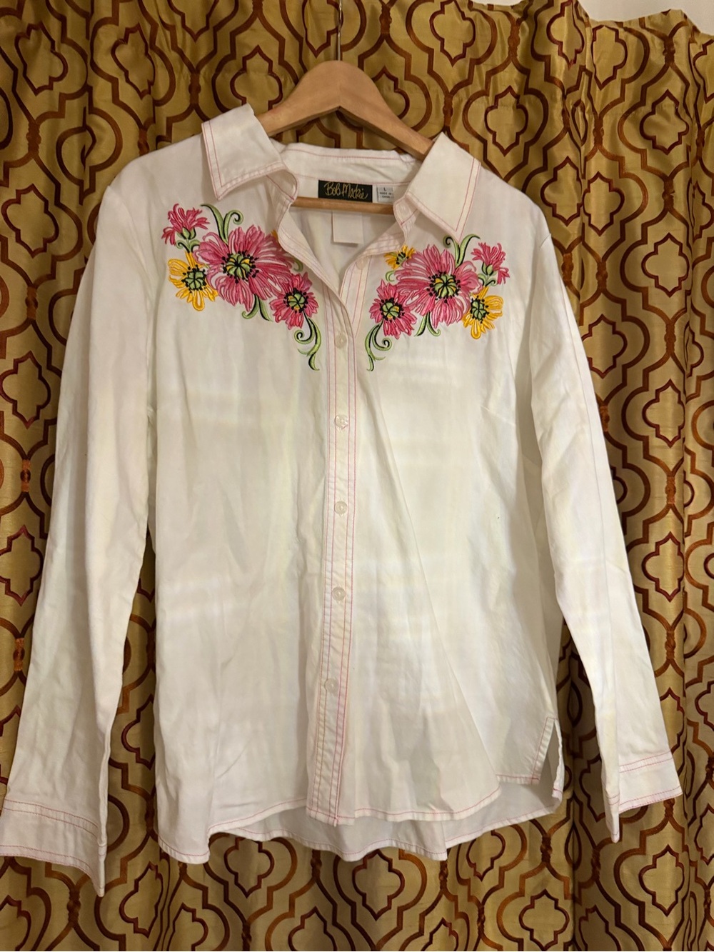 Bob Mackie White Button-Down Shirt with Pink & Yellow Floral Embroidery
